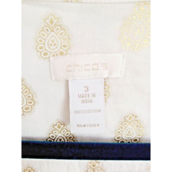 Chico's 3 Cotton Embellished Button Down Blouse Size L White/Gold 3/4 Slv India - Picture 5 of 7